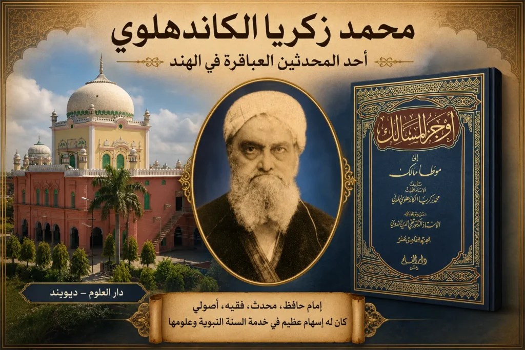 محمد زكريا الكاندهلوي أحد المحدثين العباقرة في الهند (١٣١٥-١٤٠٢ ه/١٨٩٨-١٩٨٢ م) محمد زكريا الكاندهلوي أحد المحدثين العباقرة في الهند (1315-1402هـ/1898-1982م)، صورة تصميمية تضم الشيخ محمد زكريا الكاندهلوي، ودار العلوم ديوبند، وأحد مؤلفاته في الحديث النبوي.