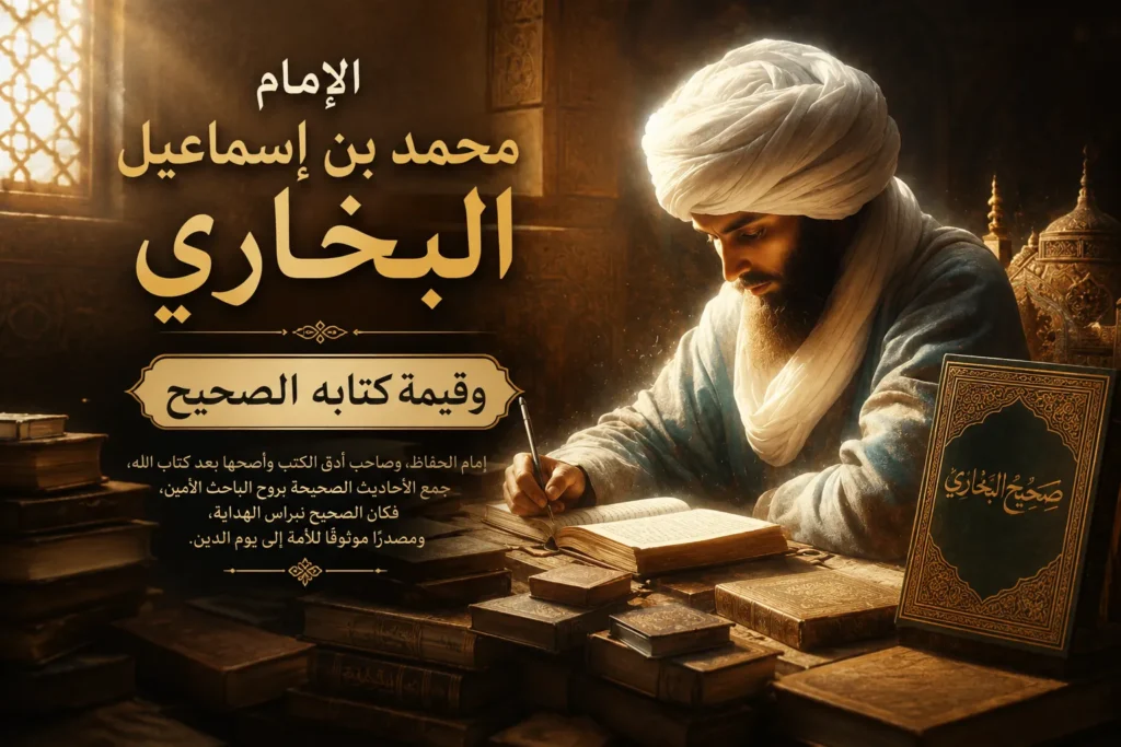 الإمام محمد بن إسماعيل البخاري وقيمة كتابه الصحيح الإمام محمد بن إسماعيل البخاري وقيمة كتابه الصحيح في صورة فنية تجسد الإمام البخاري أثناء تدوين الأحاديث النبوية في مكتبته.