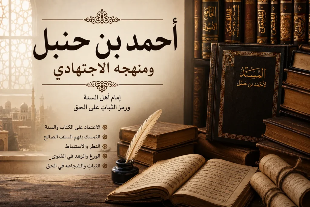 تصميم عربي بعنوان أحمد بن حنبل ومنهجه الاجتهادي يبرز منهج الإمام أحمد في الاعتماد على الكتاب والسنة والتمسك بفهم السلف الصالح مع خلفية من الكتب والمخطوطات الإسلامية.