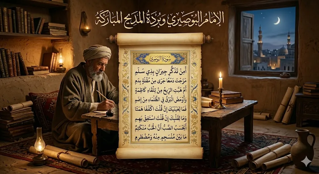 الإمام البوصيري وبُردة المديح المباركة صورة المديح النبوي للإمام البوصيري تبرز أهمية قصيدة البردة وتجسد محبة رسول ،موضوع الصورة الإمام البوصيري وبُردة المديح المباركة