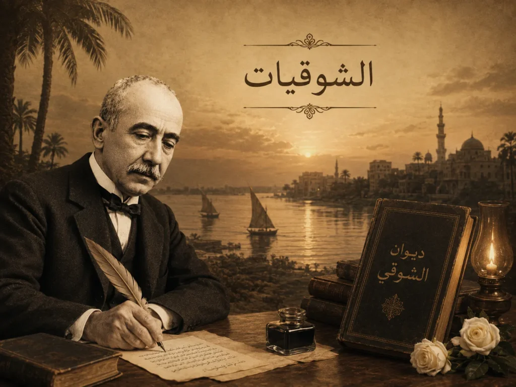 الرثاء في شعر أحمد شوقي: صورة فنية للشاعر أحمد شوقي يكتب قصائد الشوقيات أمام نهر النيل مع ديوان الشوقي في مشهد أدبي كلاسيكي يعبر عن الرثاء والحزن.