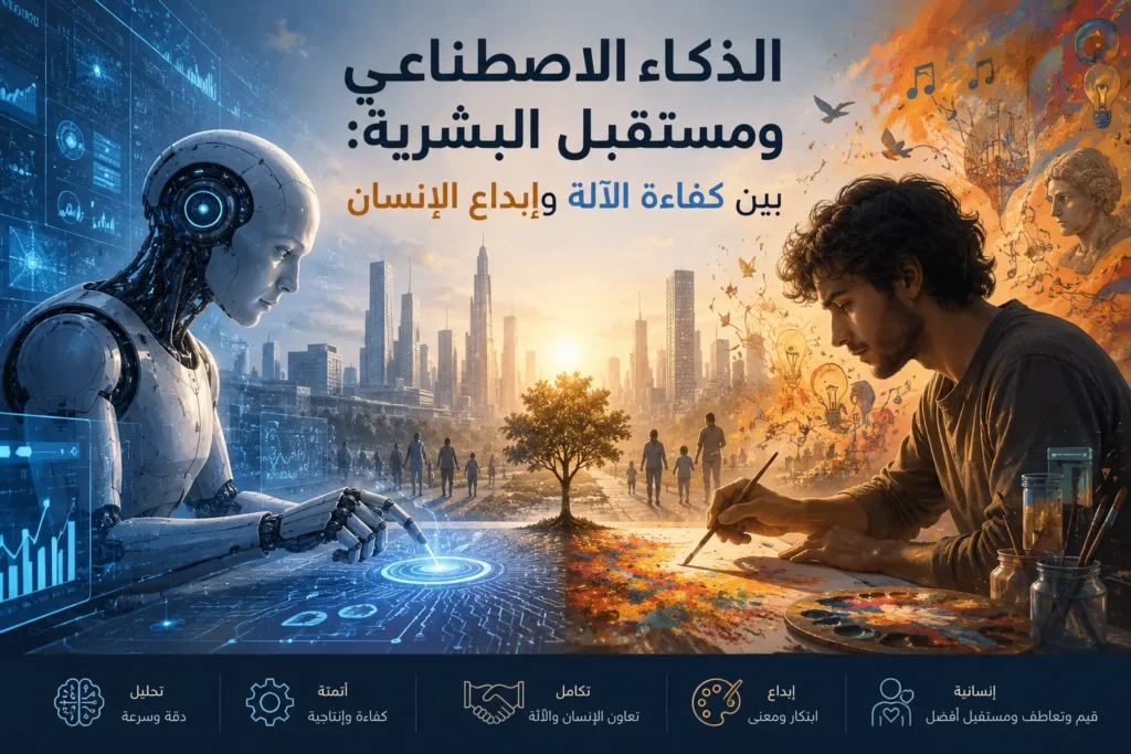 صورة رقمية مستقبلية تجسد تأثير الذكاء الاصطناعي على مستقبل الإبداع البشري، وتوضح الفرق بين الإنسان والذكاء الاصطناعي من خلال علاقة تكاملية؛ حيث يظهر روبوت متقدم على اليسار وإنسان فنان على اليمين يرسم لوحة ملونة في نقاش حول الذكاء الاصطناعي والوظائف الإبداعية، مع مدينة حديثة في الخلفية ورموز تقنية وفنية متداخلة.