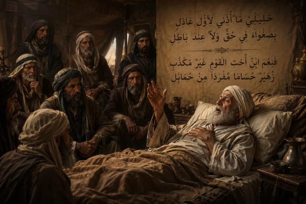 صورة رمزية لأبي طالب عم النبي صلى الله عليه وسلم يلقي القصيدة اللامية وهو في مرض موته، وقمنا بشرح القصيدة وسُميت شرح كامل للامية أبي طالب: النص الكامل والتحقيق