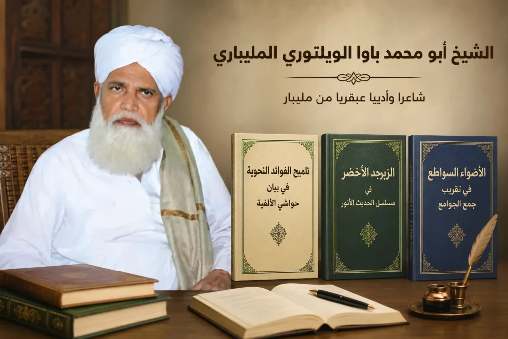 الشيخ أبو محمد باوا الويلتوري المليباري: شاعرا وأديبا عبقريا من مليبار 19 صورة الشيخ أبو محمد باوا الويلتوري المليباري شاعر وأديب من مليبار مع مؤلفاته تلميح الفوائد النحوية والزبرجد الأخضر والأضواء السواطع