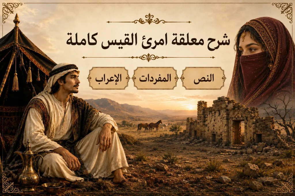 شرح معلقة امرئ القيس كاملة - رسم فني لشاعر جاهلي عند خيمة بدوية في الصحراء
