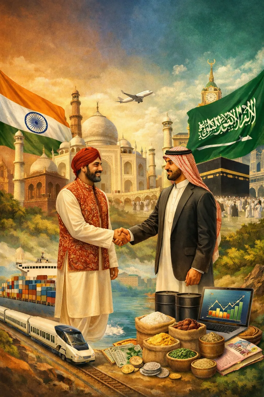 العلاقات الثقافية والاقتصادية بين الهند والمملكة العربية السعودية رجل هندي بالزي التقليدي يصافح رجلًا سعوديًا أمام معالم الهند وبلاد الحرمين مع رموز للتجارة والنقل والتعاون الاقتصادي بين الهند والمملكة العربية السعودية