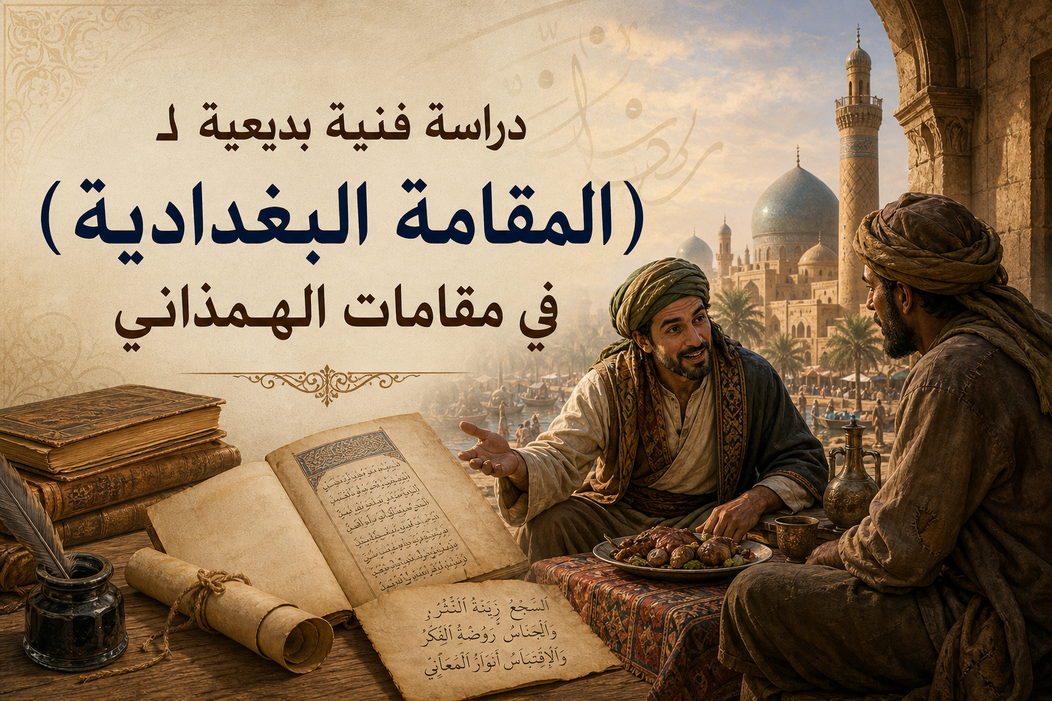 صورة توضيحية لدراسة فنية بديعية لـ (المقامة البغدادية) في مقامات الهمذاني صورة عن دراسة فنية بديعية لـ (المقامة البغدادية) في مقامات الهمذاني